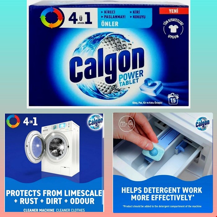 قرص جرم گیر ماشین لباسشویی ۱*۴ کالگون Calgon بسته ۱۵ عددی(ارسال فوری )